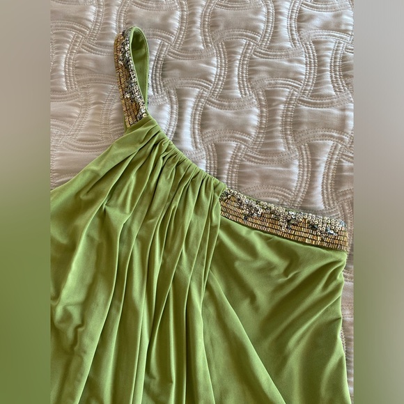 BCBG MaxAzria mini dress one shoulder, olive sz4 gold/silver embellishedLike new - Picture 3 of 12